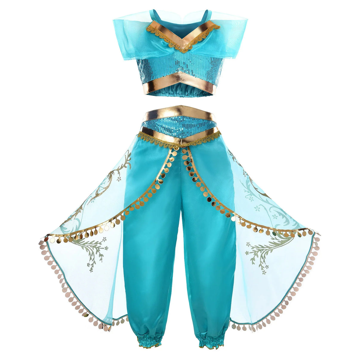 Turquoise princess cosplay top and matching pants with gold trim and white draped panels