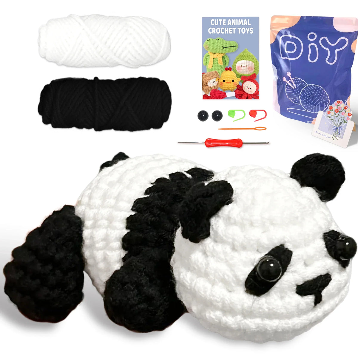 Crochet animal toy kit with panda plush, black-and-white yarn, eyes, and hook