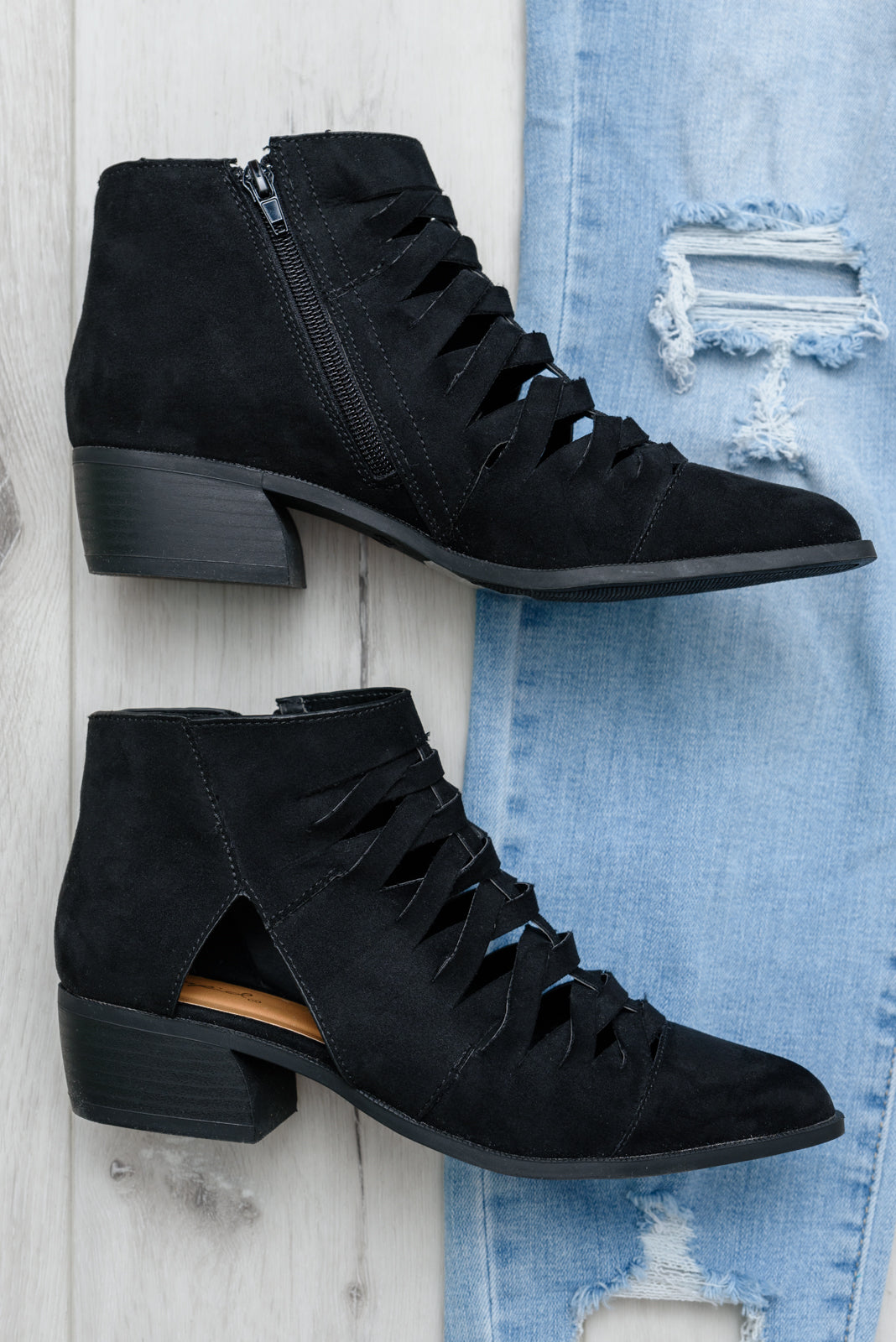 Black lace-up ankle boots with side zipper and block heels
