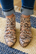 Snakeskin-print ankle boots with lace-up front and tan/brown block heel