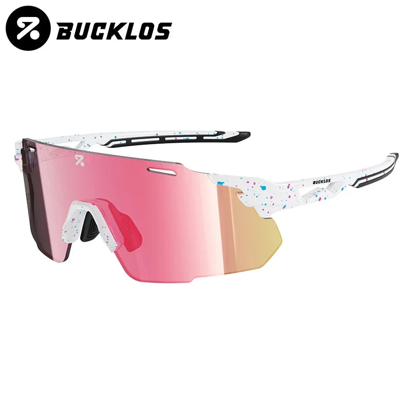 Cycling sports sunglasses with white speckled frame and pink mirrored lens