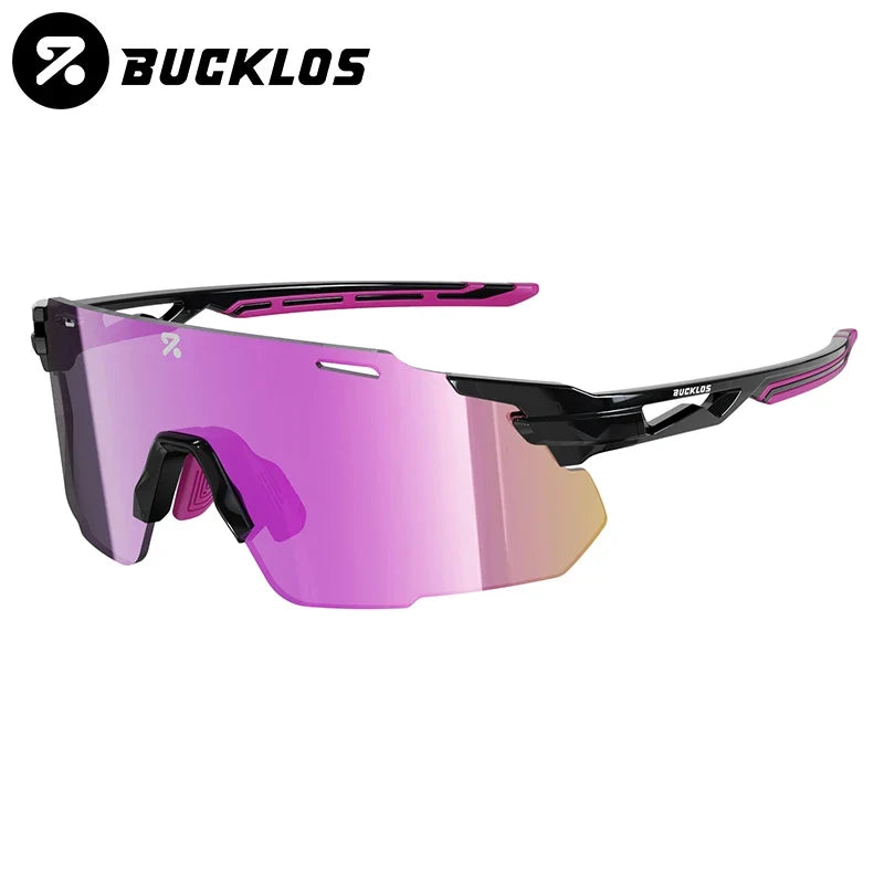 Cycling goggles with black and purple frame and purple mirrored lens