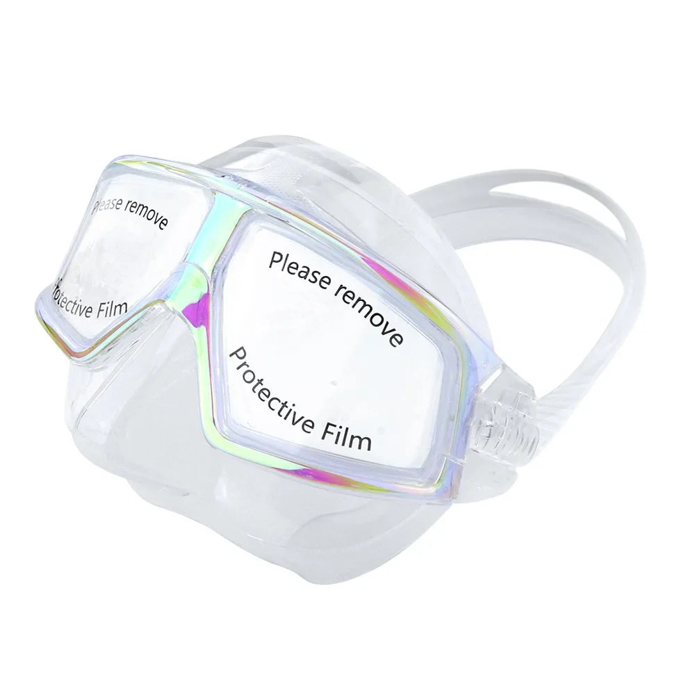 Clear silicone scuba diving mask goggles with iridescent tempered glass lenses and anti-fog design