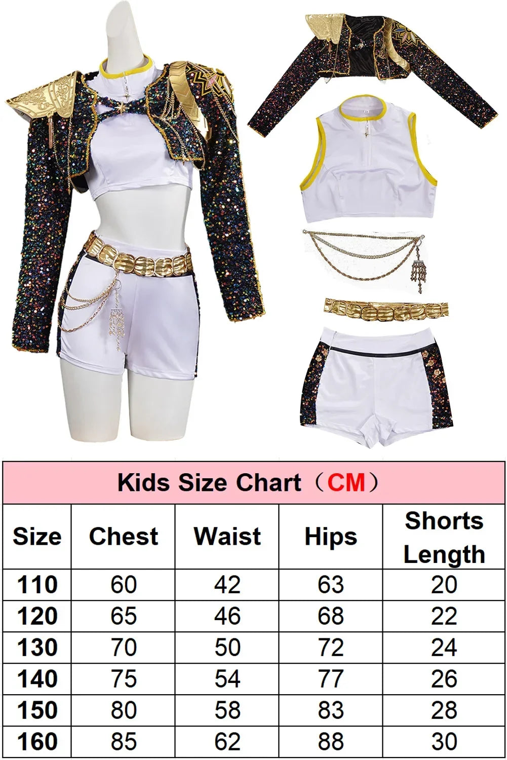 Kids queen cosplay costume set: white tank and shorts with dark sequin jacket and gold belt