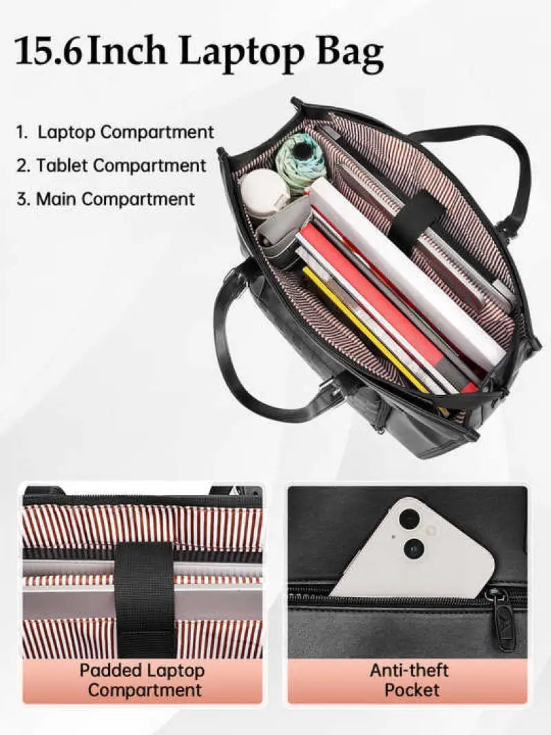 Black tote bag with zippered organizer compartments for small items and drinks