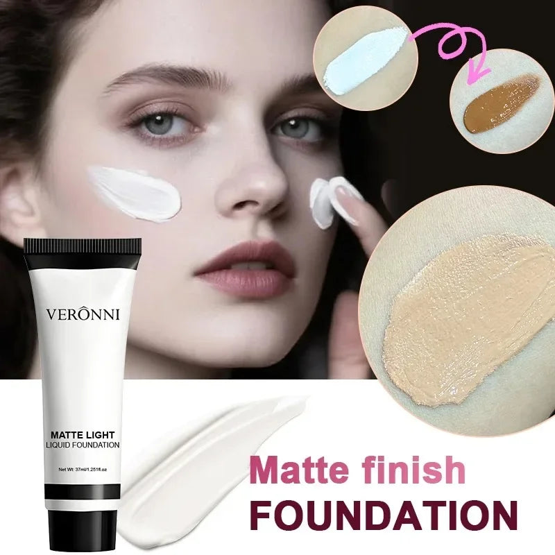 Matte liquid foundation with white face-cream swatches and tube