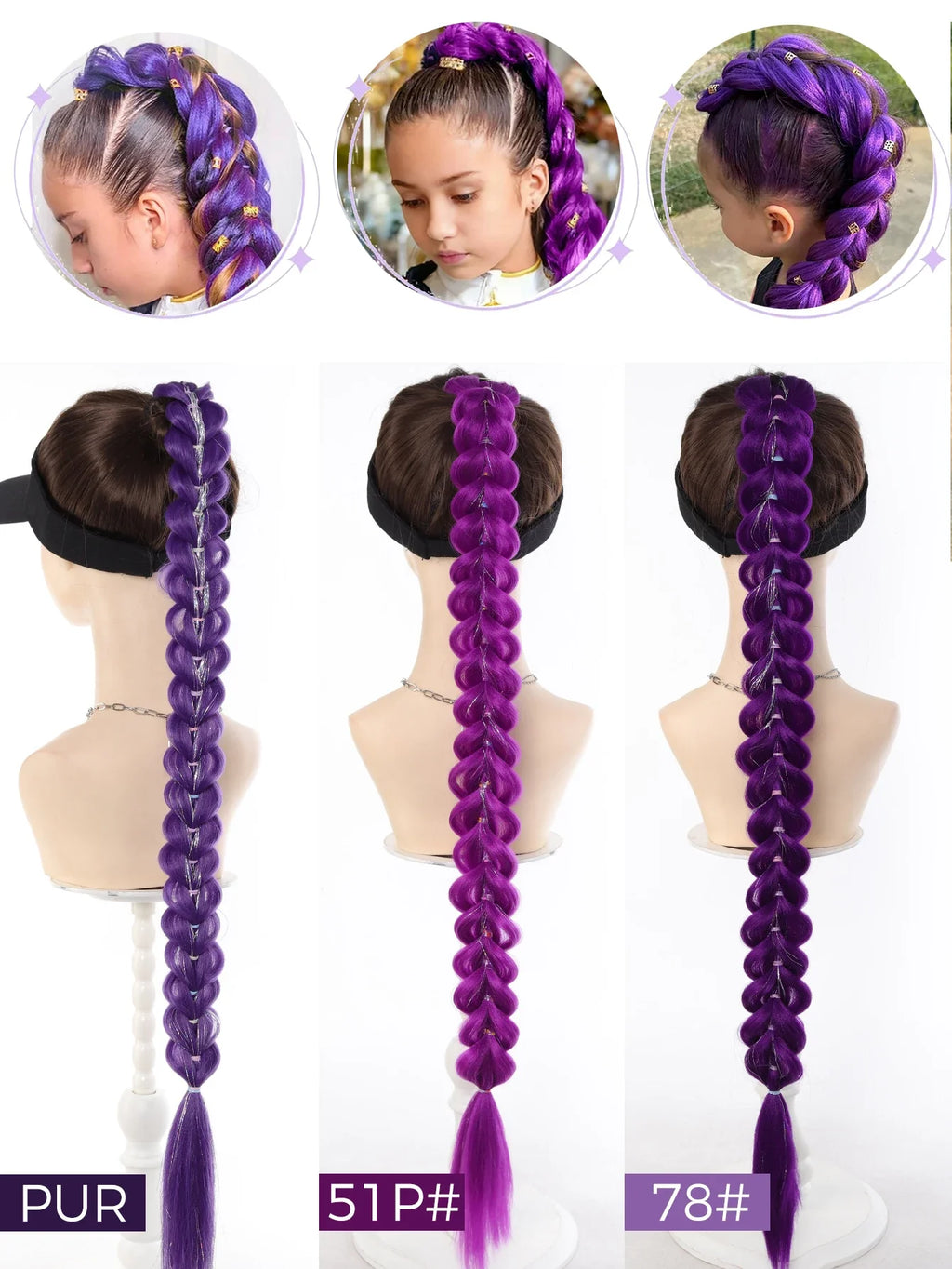 Purple braided hair extension set showing length and volume from multiple angles