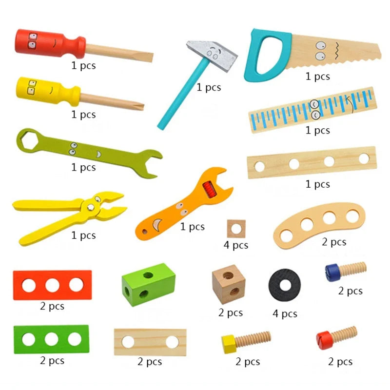 Flat lay of kids toy tools with colorful handles: hammer, screwdriver, saw, and wrench