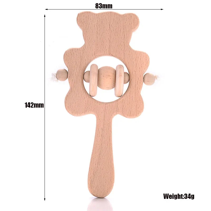 Wooden animal ring baby teether in flower-shaped design with teething ring and side nubs