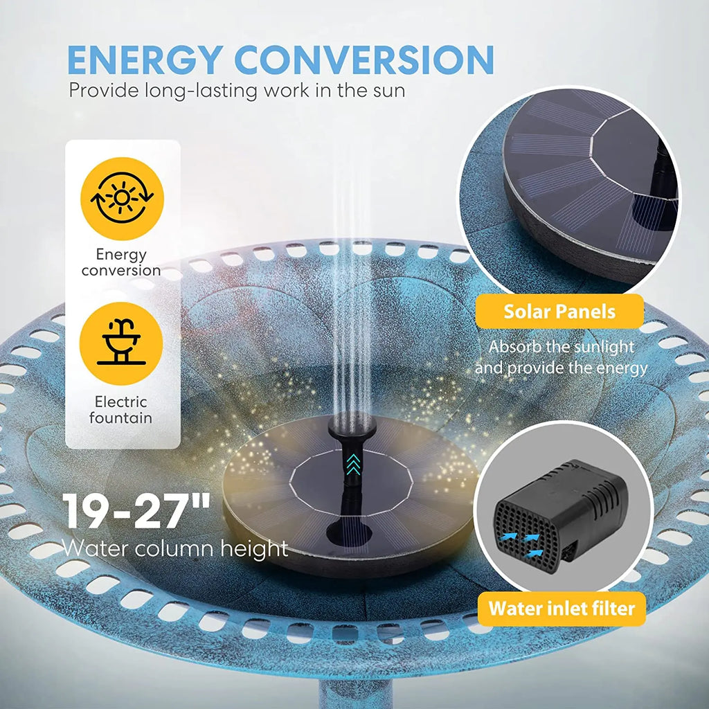 Blue solar bird bath bowl with central pump and attached solar panel