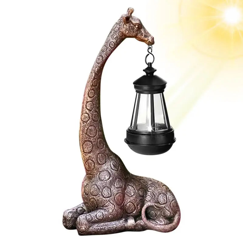 Brown resin giraffe figurine solar lantern with clear glass globe and black base