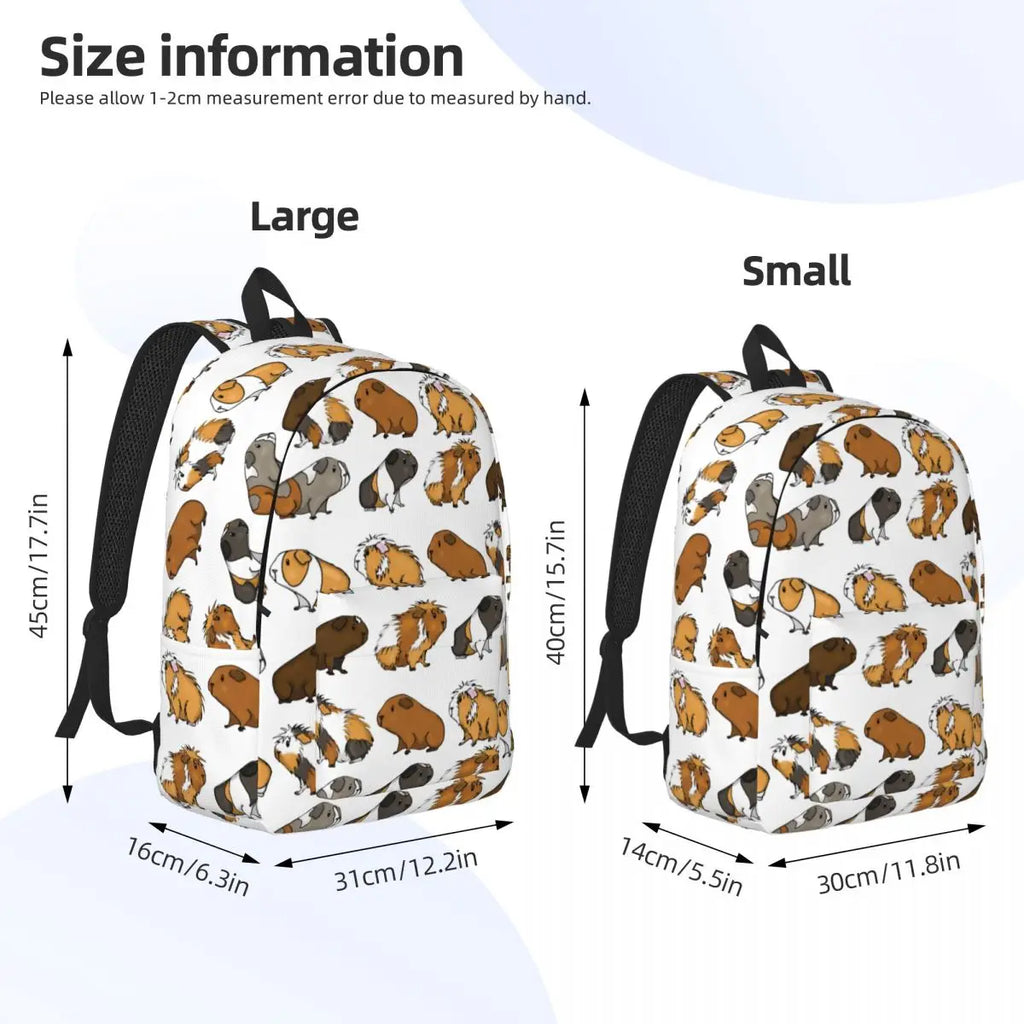 Guinea pig print backpack shown in small and large views with black straps