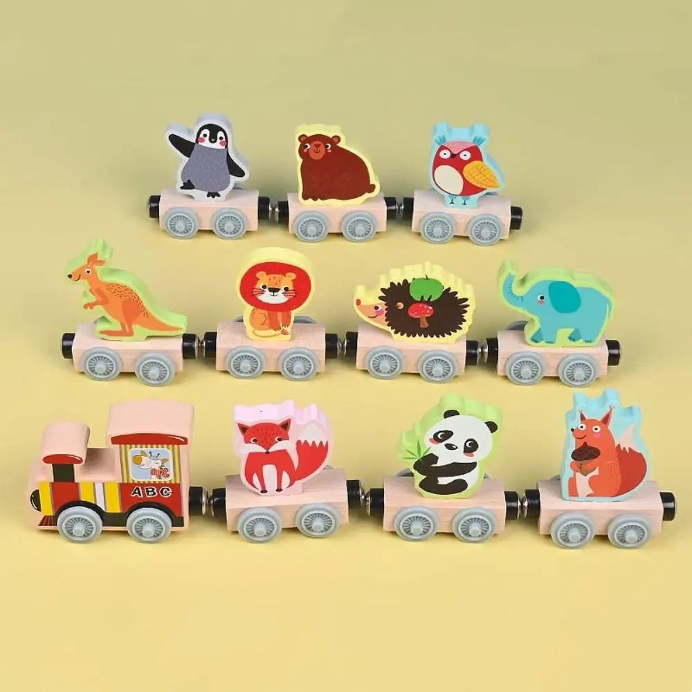 Wooden magnetic train set with animal character block cars, including panda, lion, and hedgehog