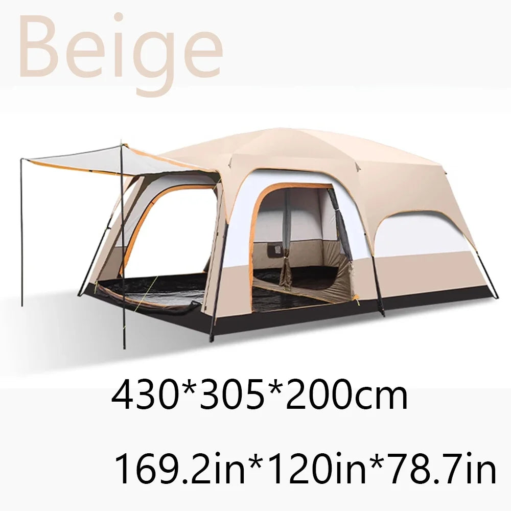 Beige camping tent with arched front door, double-layer walls, orange trim, side profile