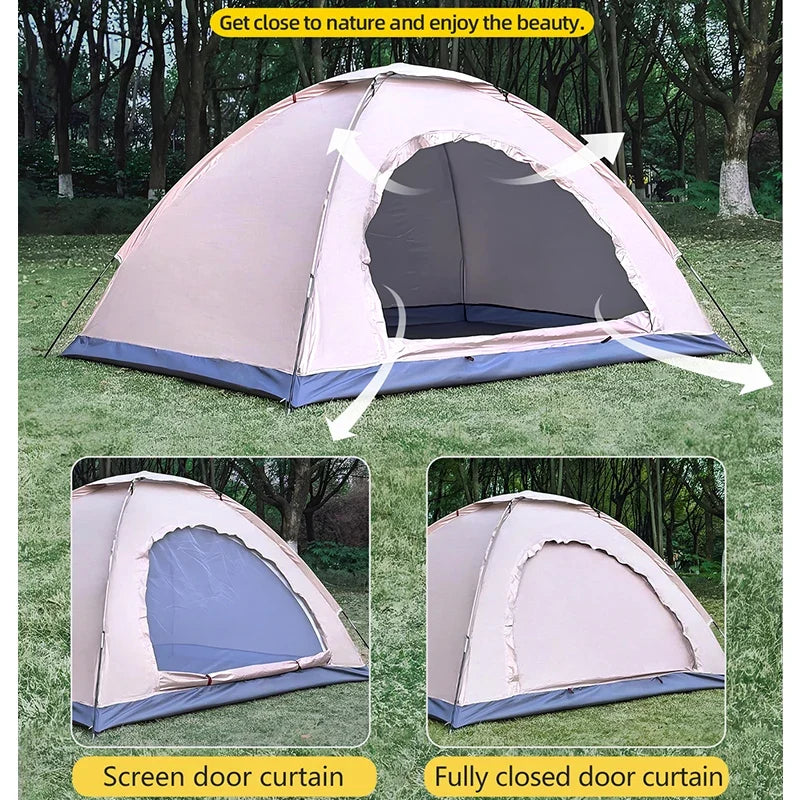 Light beige dome camping tent with open door curtains and inner mesh panel