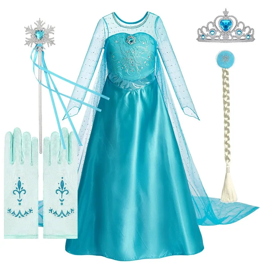 Turquoise princess dress with sheer cape plus crown, wand, and gloves