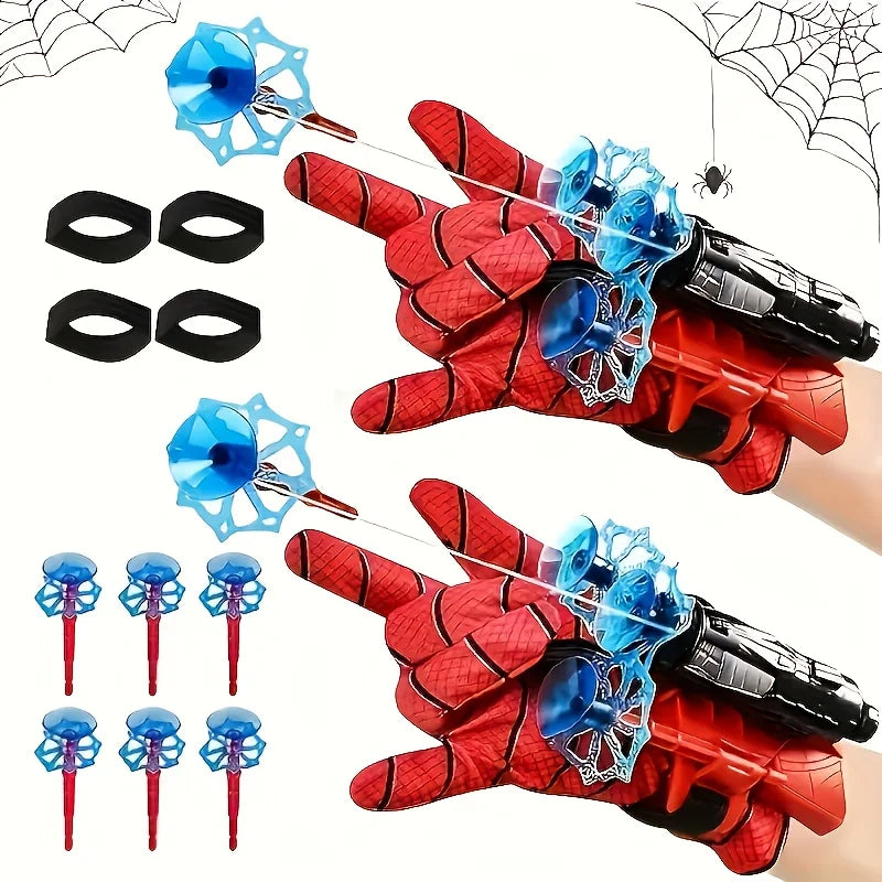 2-pack superhero wrist launcher toy set: red gloves with blue web shooters and eye masks