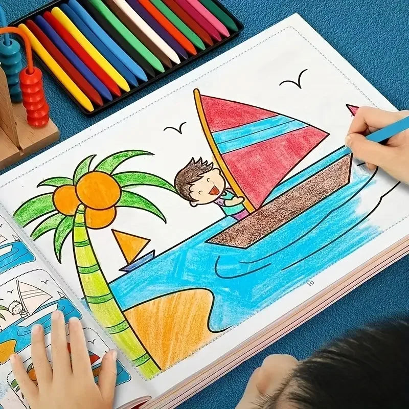 Kids coloring book page being colored with crayons, showing river, palm, and cartoon figure