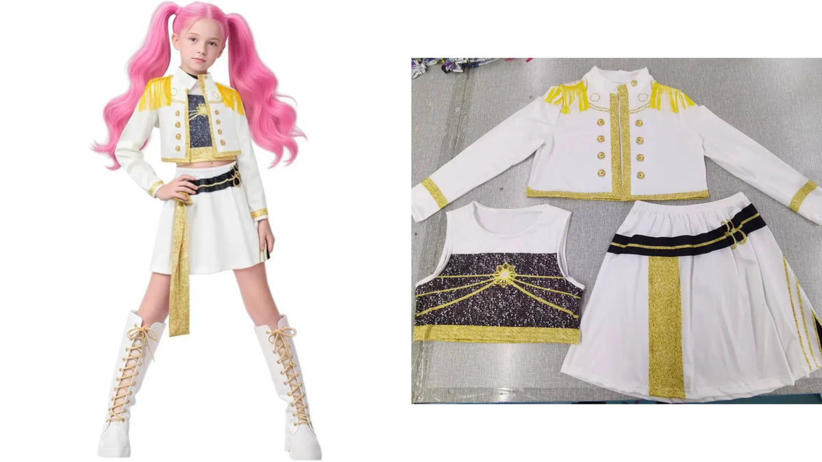 Girls white and gold cosplay top and layered skirt with black and gold trim