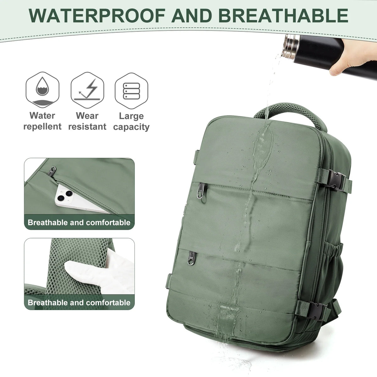 Army green waterproof travel backpack with textured panel and front zipper pocket
