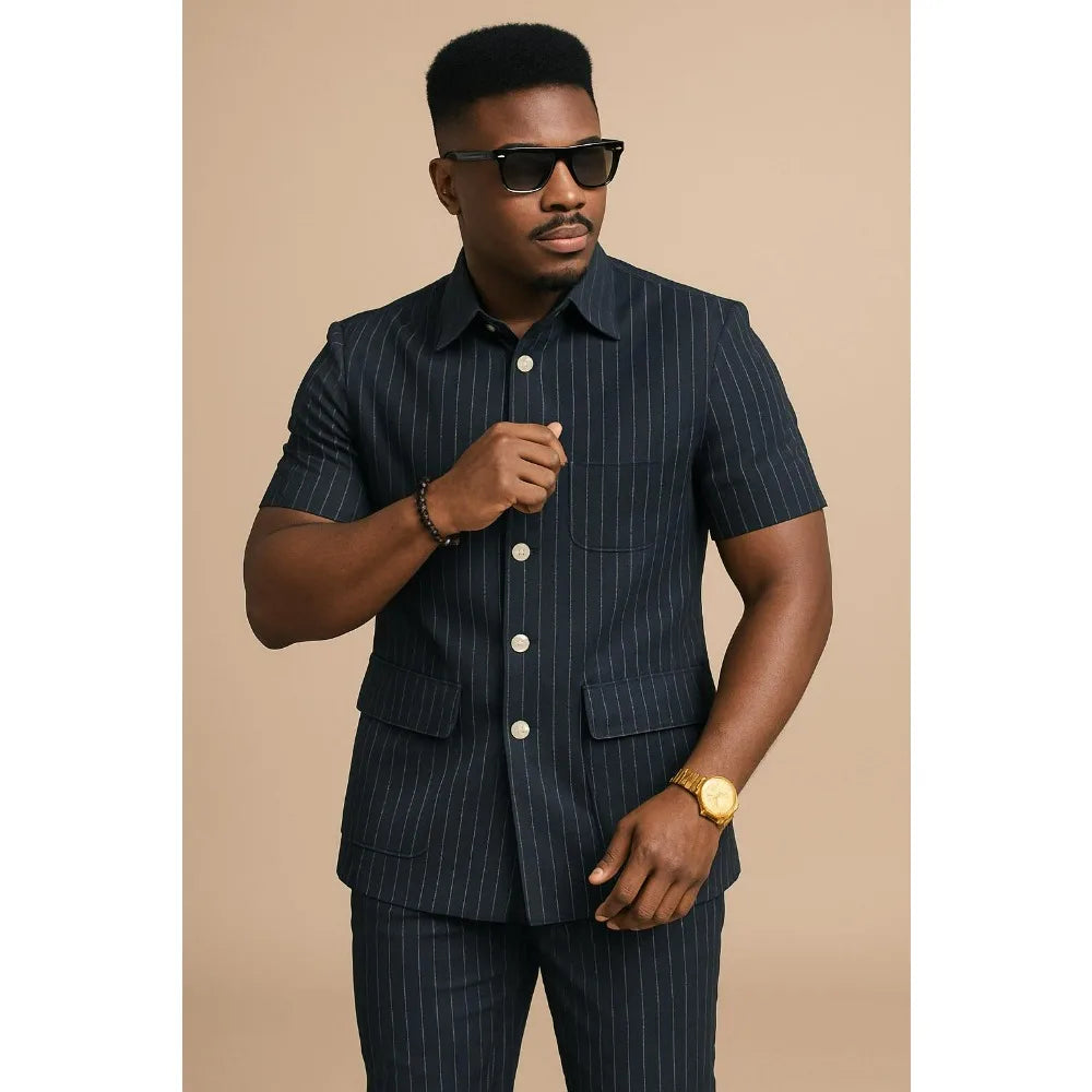 Men's navy striped short-sleeve shirt and matching pants set, button front, chest pockets