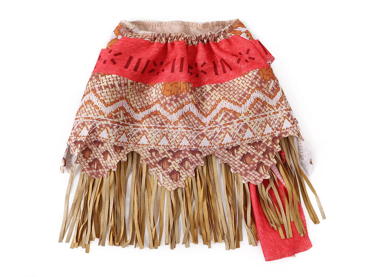 Girls fringed wrap skirt with red waistband and patterned overlay, ruffled hem.