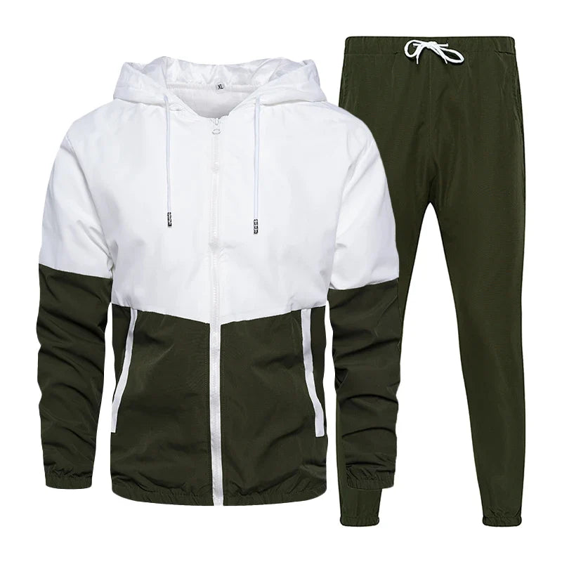 Men’s color-block hooded windbreaker jacket and jogger pants set, white and olive green