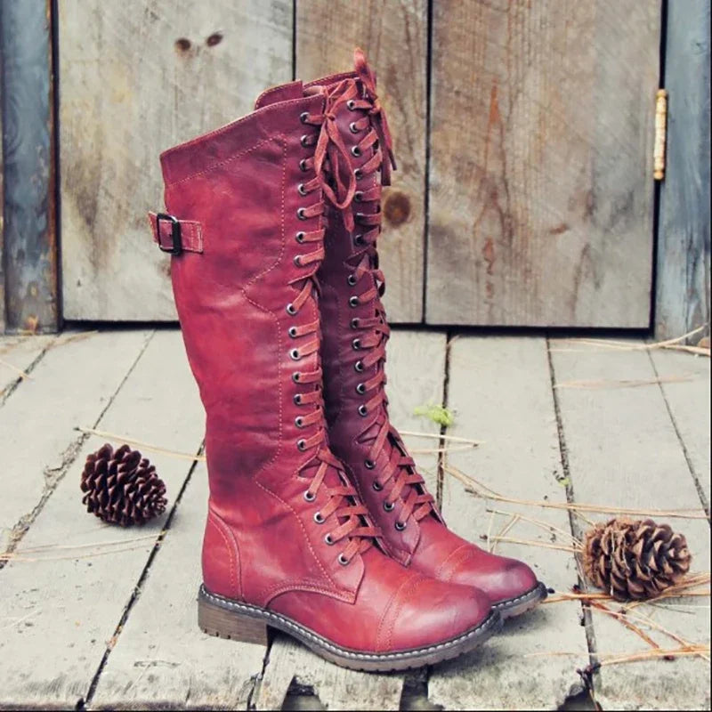 Women’s lace-up knee-high boots, flat sole, maroon PU leather with side buckle strap