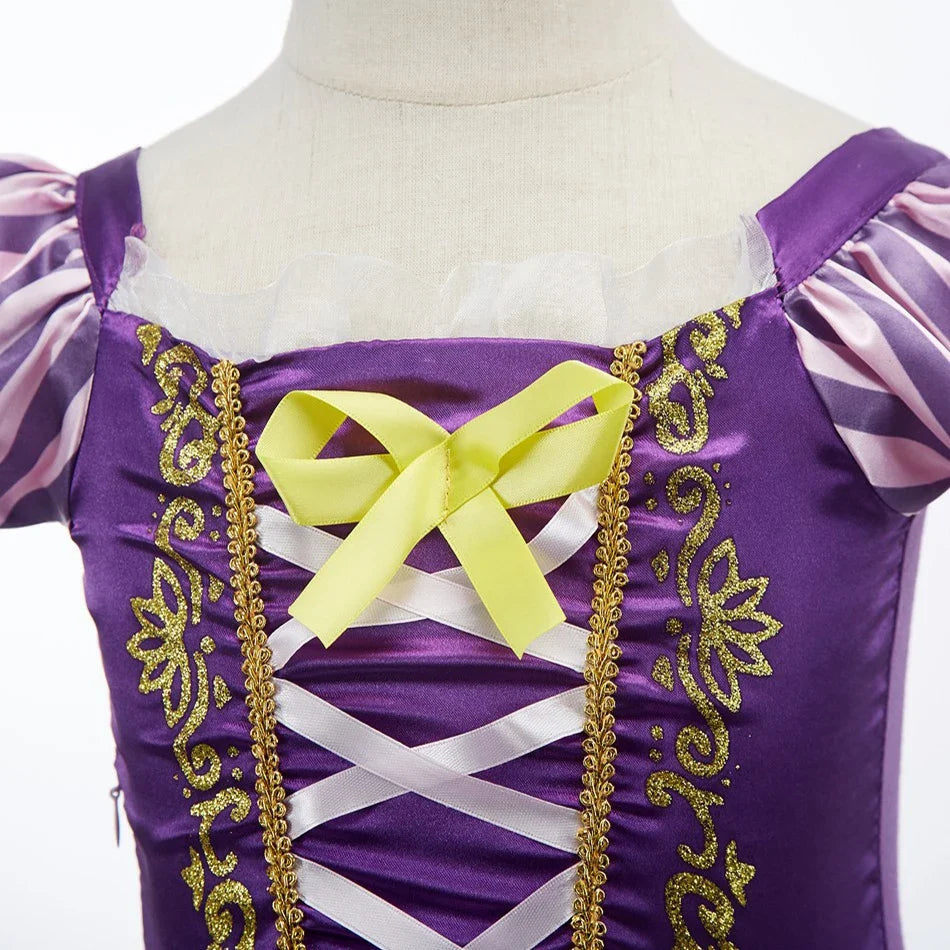 Purple princess dress neckline with gold trim, yellow crisscross bow and lace-up detail
