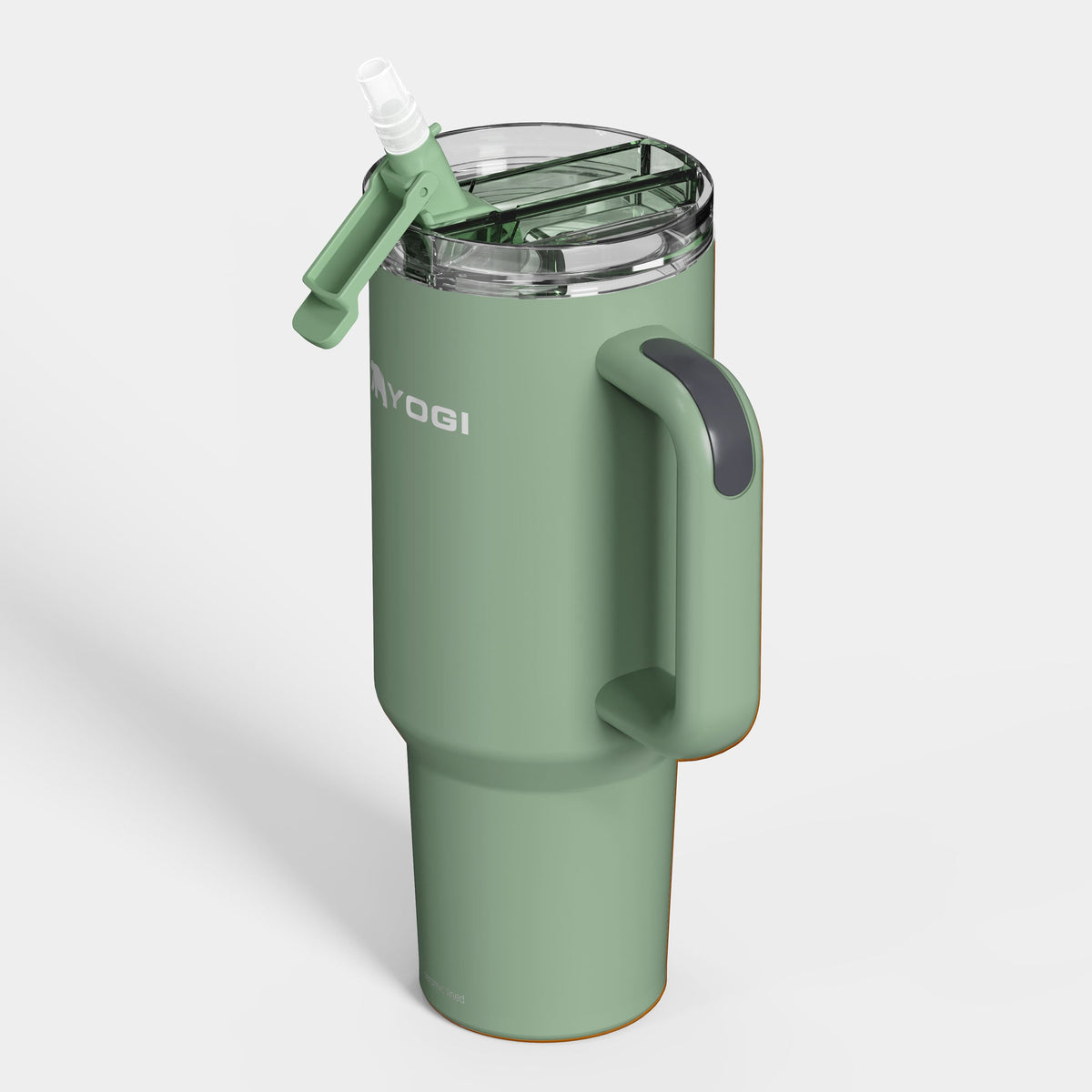 Ceramic-lined tumbler in sage green with clear lid and raised drinking straw