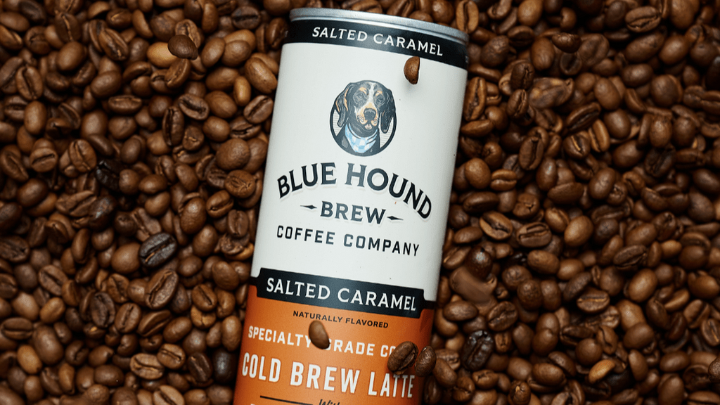 Salted caramel latte cold-brew coffee can with Blue Hound Brew label