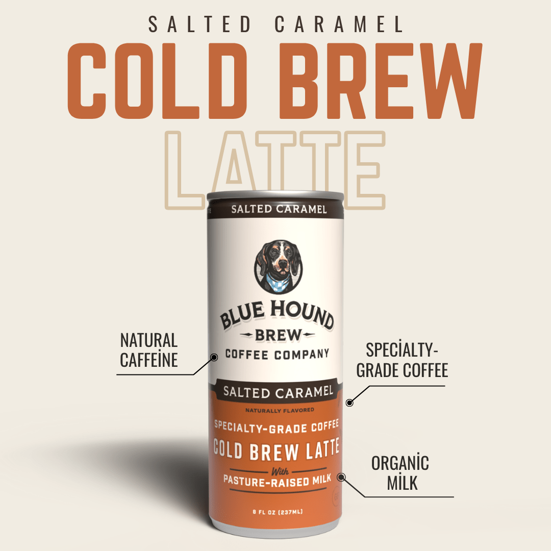 Salted caramel latte coffee drink can, Blue Hound label, natural flavor, 12 fl oz