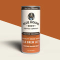 Coffee latte beverage can labeled salted caramel, Blue Hound Brew, with dog logo