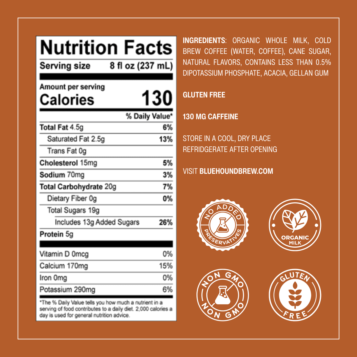 Nutrition facts label for salted caramel latte: ingredients, gluten-free, 130 mg caffeine