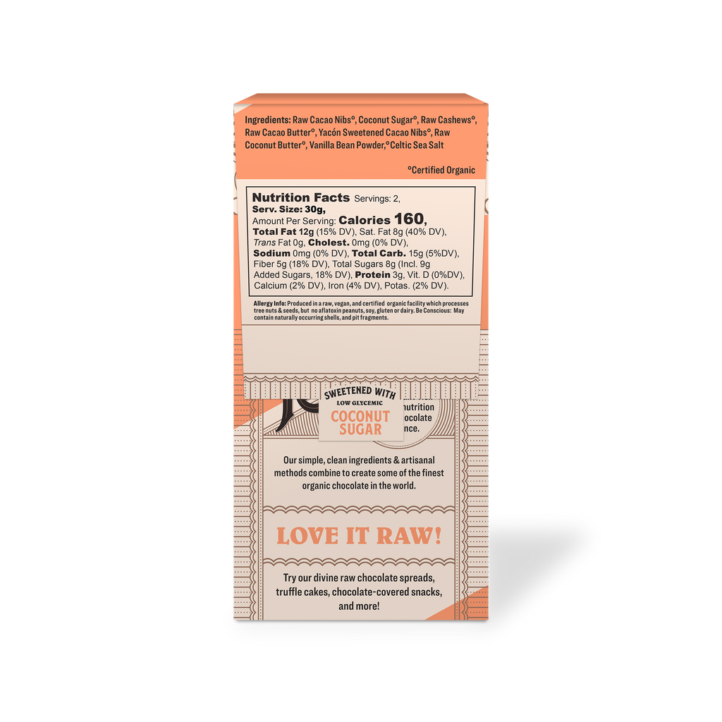 RawNIO coconut caramel & cashew bark package back with nutrition facts and ingredients