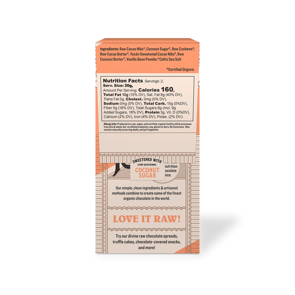 RawNIO coconut caramel & cashew bark package back with nutrition facts and ingredients