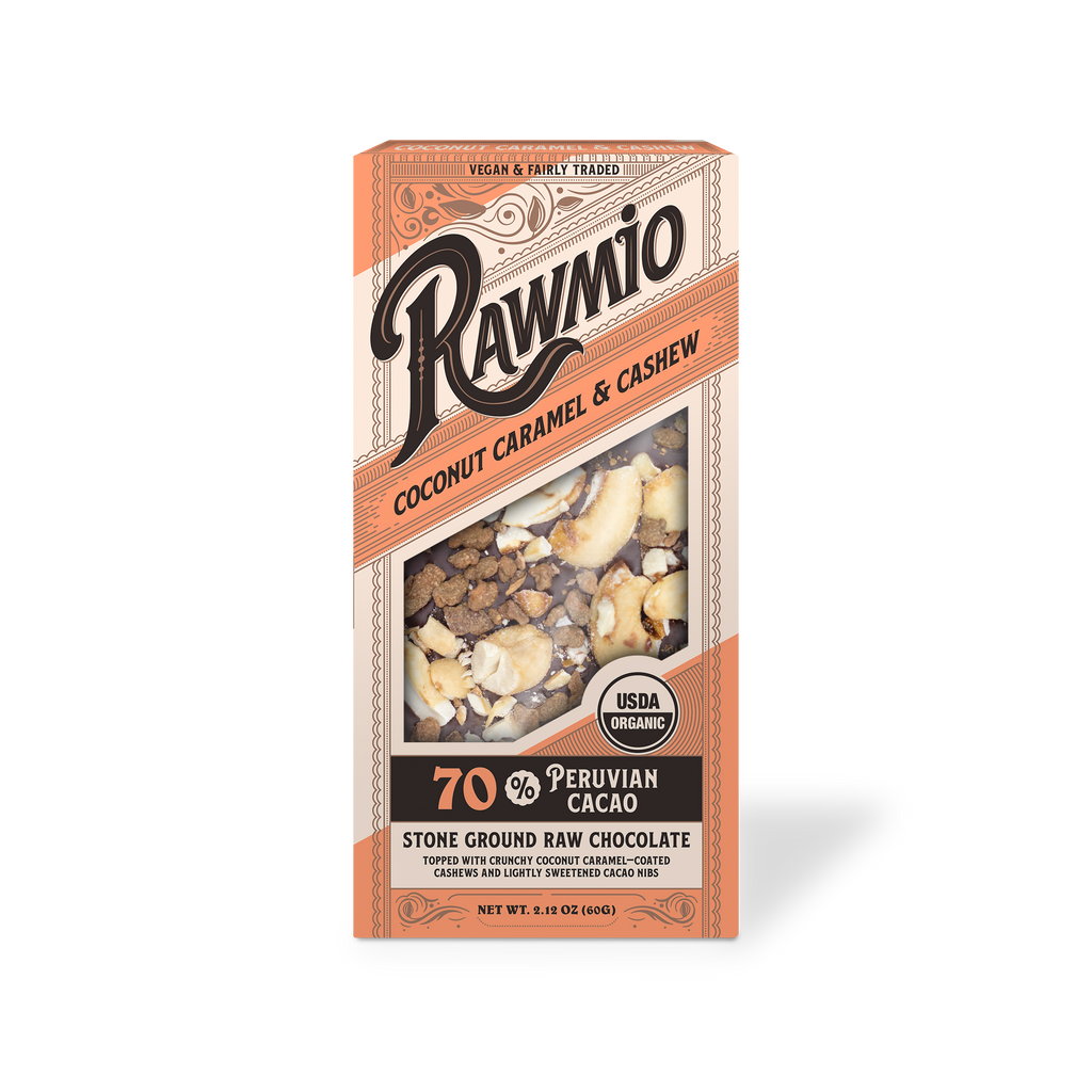 RawNIO coconut caramel & crushed cashew bark retail box, 70% cacao