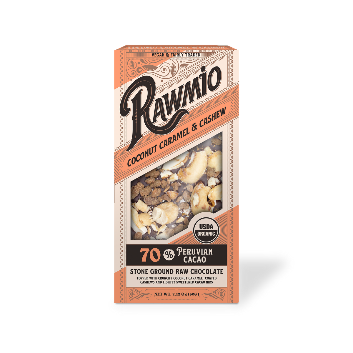 RawNIO coconut caramel & crushed cashew bark retail box, 70% cacao