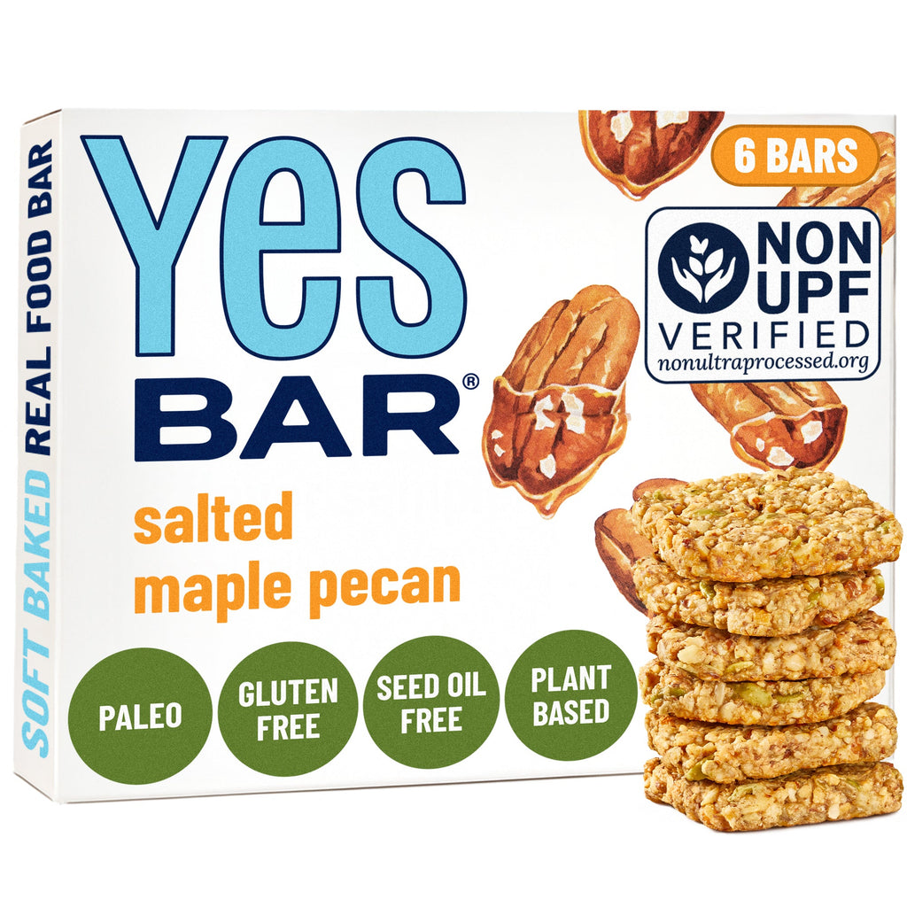 Yes Bar salted maple pecan six-pack box with stacked oat bars