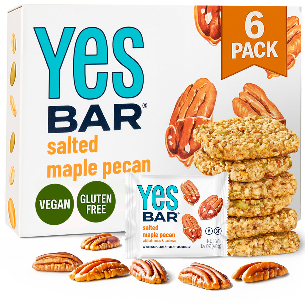Yes Bar salted maple pecan six-pack box with stacked bars and pecans