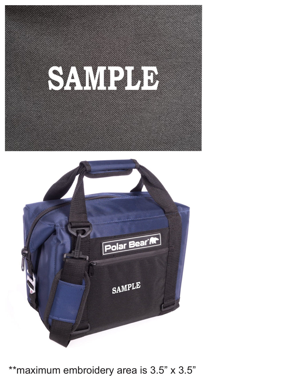 Blue and dark nylon soft cooler bag with front pocket, Polar Bear logo, and zipper