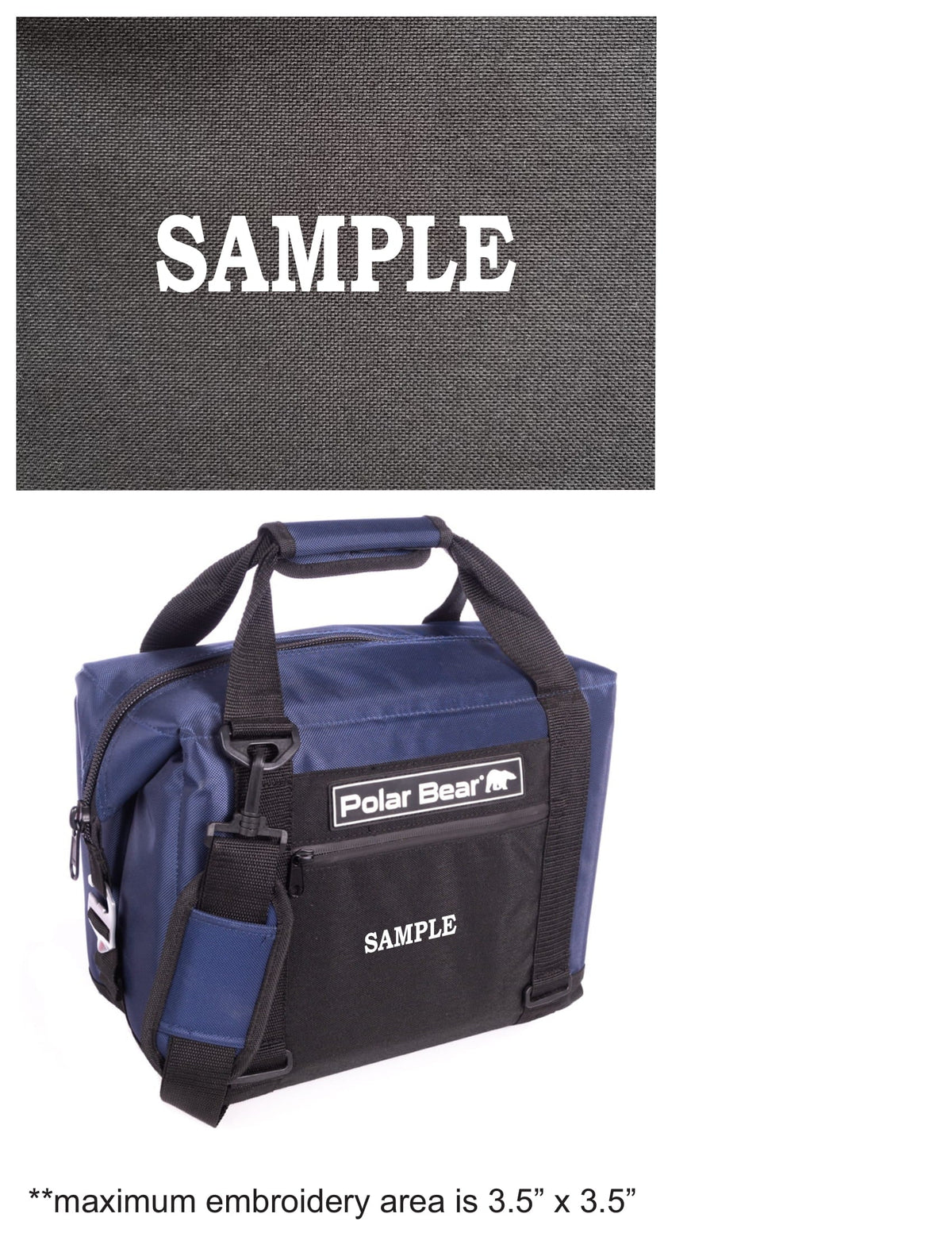 Blue and dark nylon soft cooler bag with front pocket, Polar Bear logo, and zipper