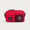 Red shoulder bag with black top handles, front flap pocket and Long Weekend patch