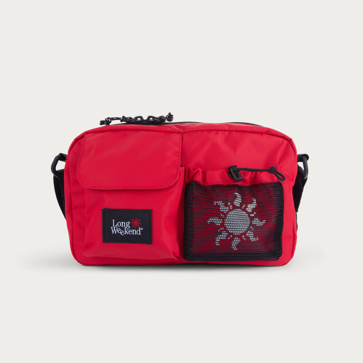 Red shoulder bag with black top handles, front flap pocket and Long Weekend patch