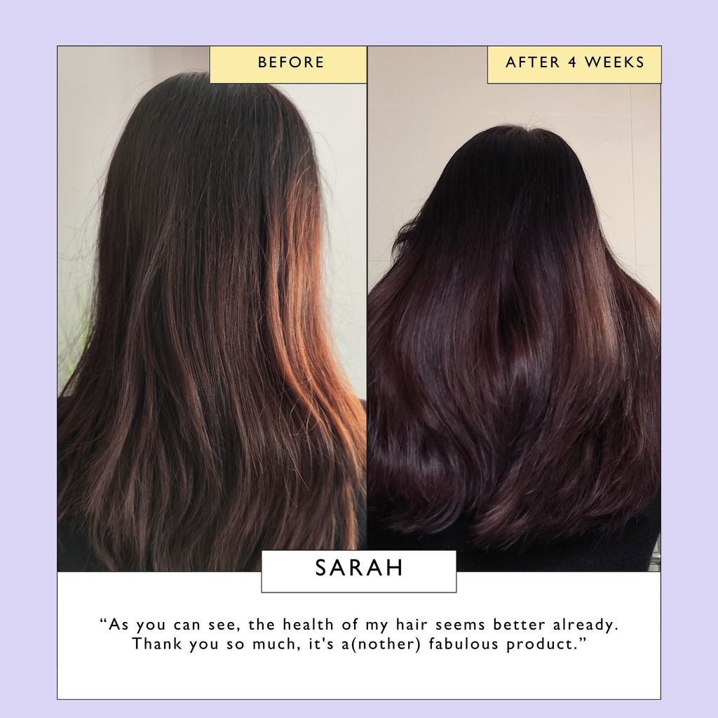 Scalp + hair oil on long dark hair, before-and-after after four weeks