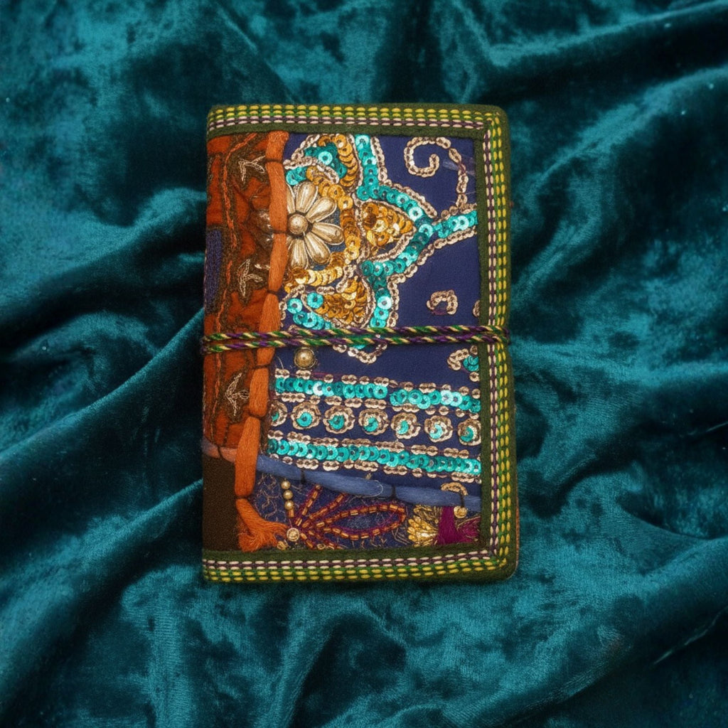 Handcrafted sari fabric bound notebook journal with ornate multicolor patterned cover