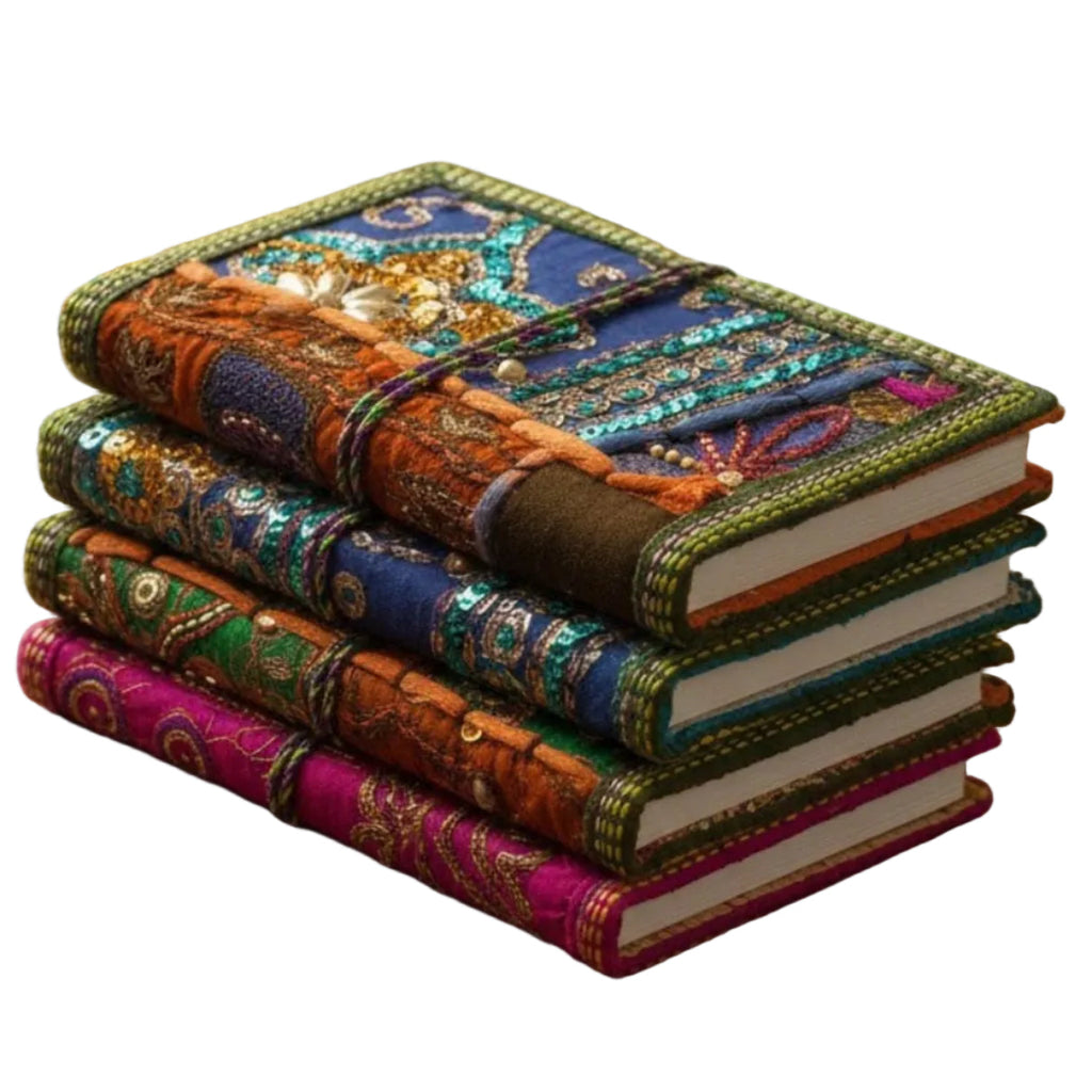 Handcrafted sari fabric bound notebook journal, stacked set with patterned multicolor covers