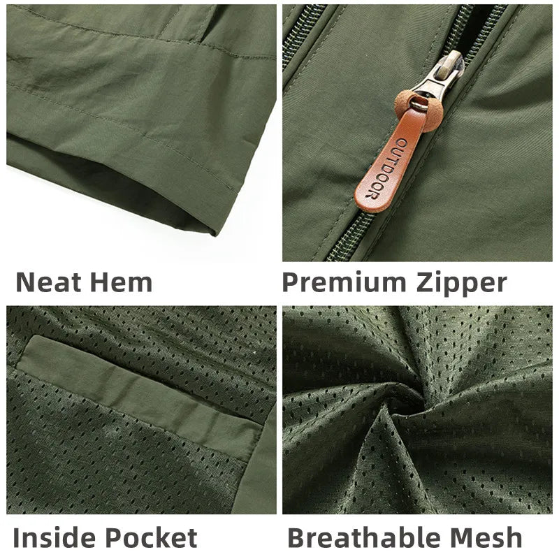 Windbreaker detail close-ups: premium zipper, breathable mesh, and inside pocket panel.
