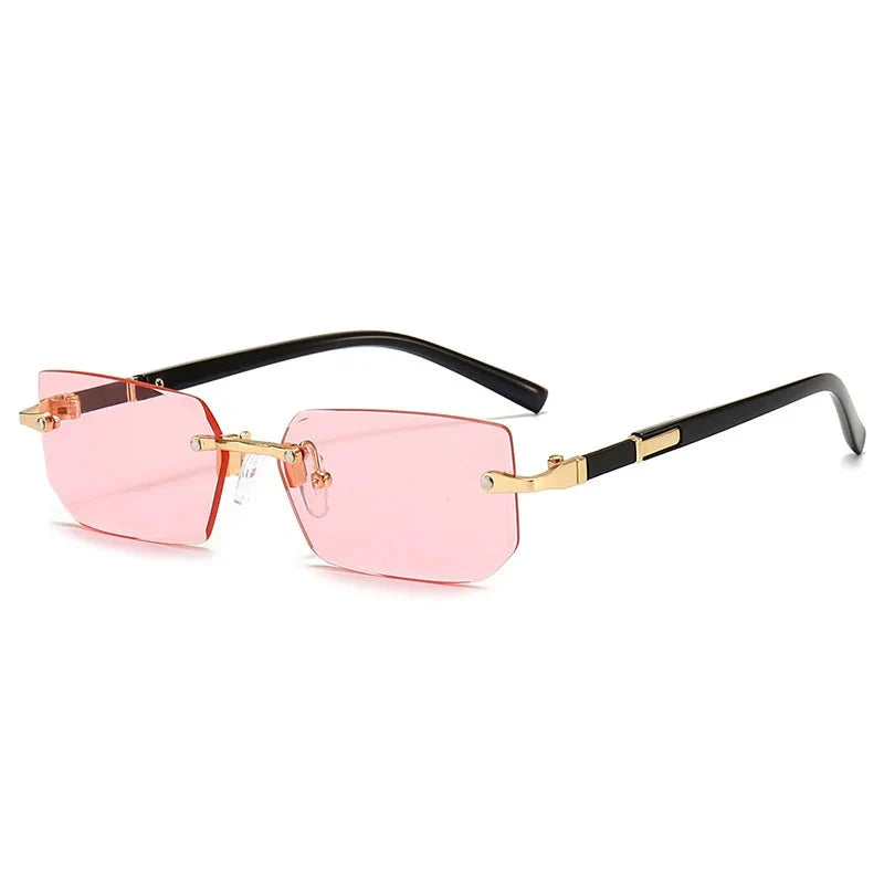 Rimless square sunglasses with pink lenses, black frame arms, and gold metal details.