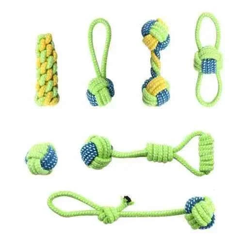 Cotton rope dog toy set with multiple green ropes and blue-and-green ball knots